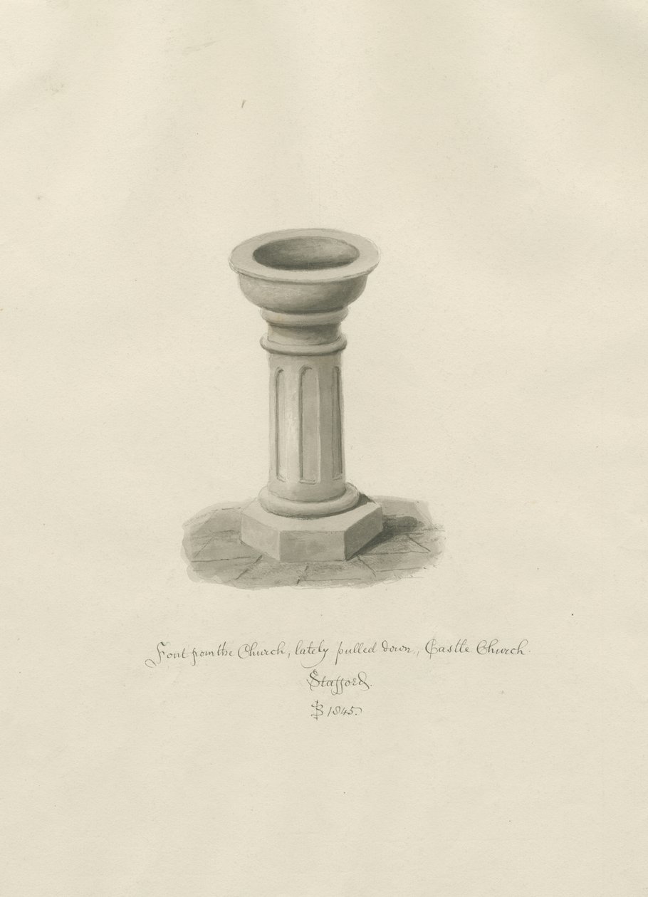 Iglesia del Castillo - Pila bautismal en la Iglesia: dibujo en sepia de John Buckler