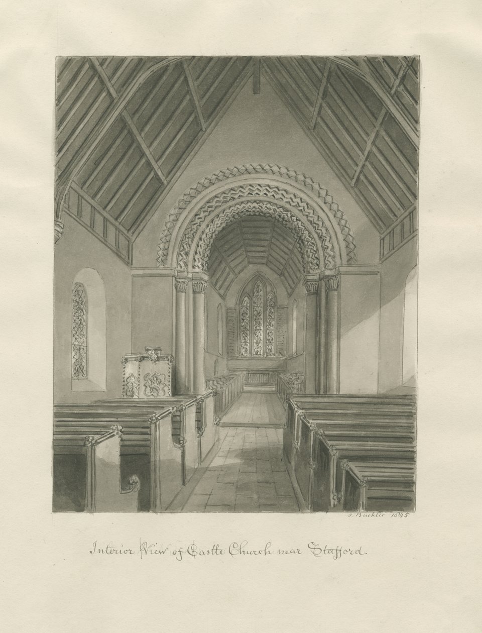 Iglesia del Castillo - Interior de la Iglesia: dibujo en sepia de John Buckler