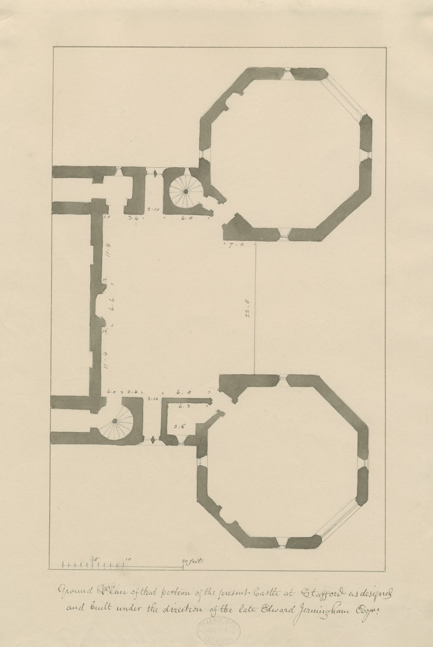 Iglesia del Castillo - Castillo de Stafford: lápiz y lavado de John Buckler