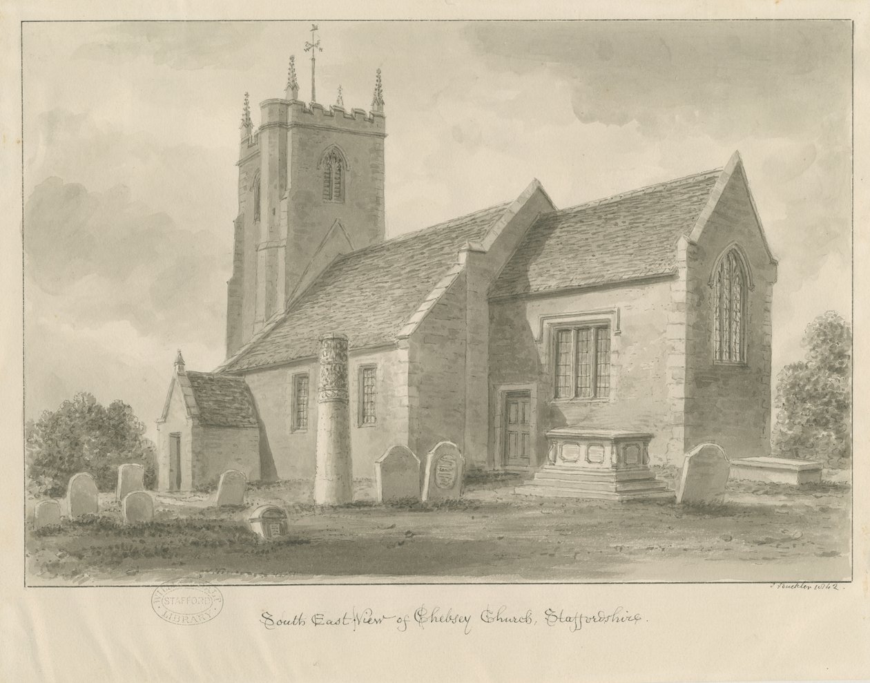 Iglesia de Chebsey: dibujo en sepia de John Buckler