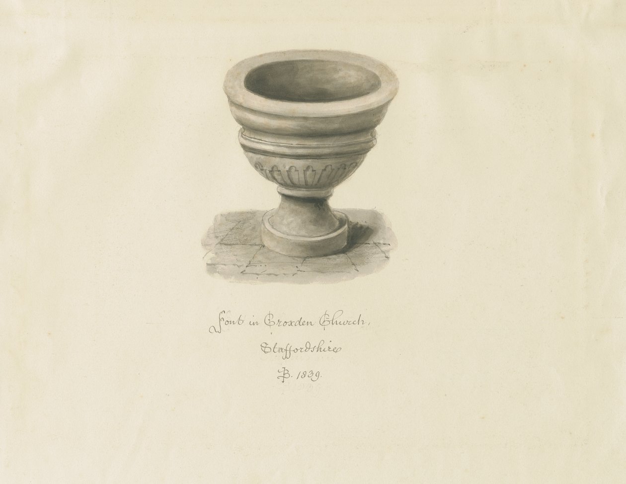 Croxden - Fuente en la capilla de invitados: dibujo en sepia de John Buckler