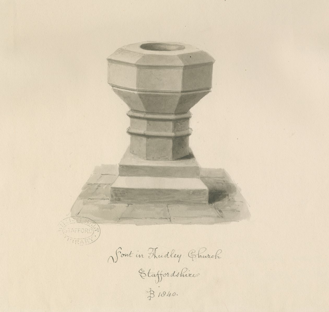 Pila bautismal en la Iglesia de Audley: dibujo en sepia, 1840 de John Buckler