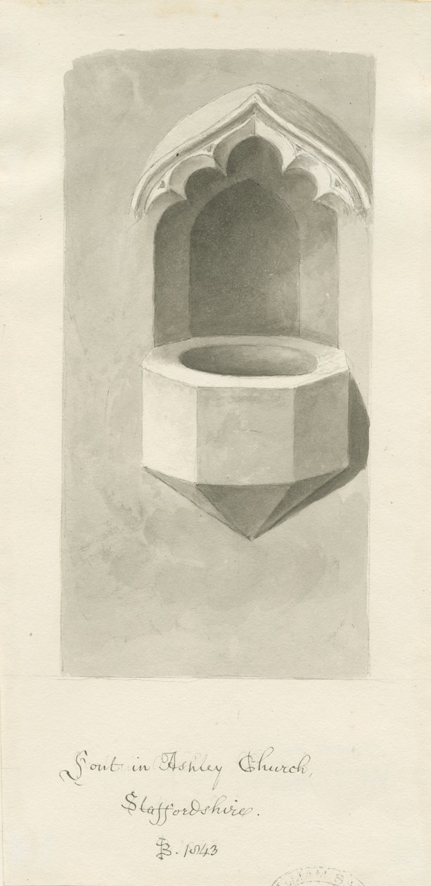 Pila bautismal en la Iglesia de Ashley: dibujo en sepia, 1843 de John Buckler