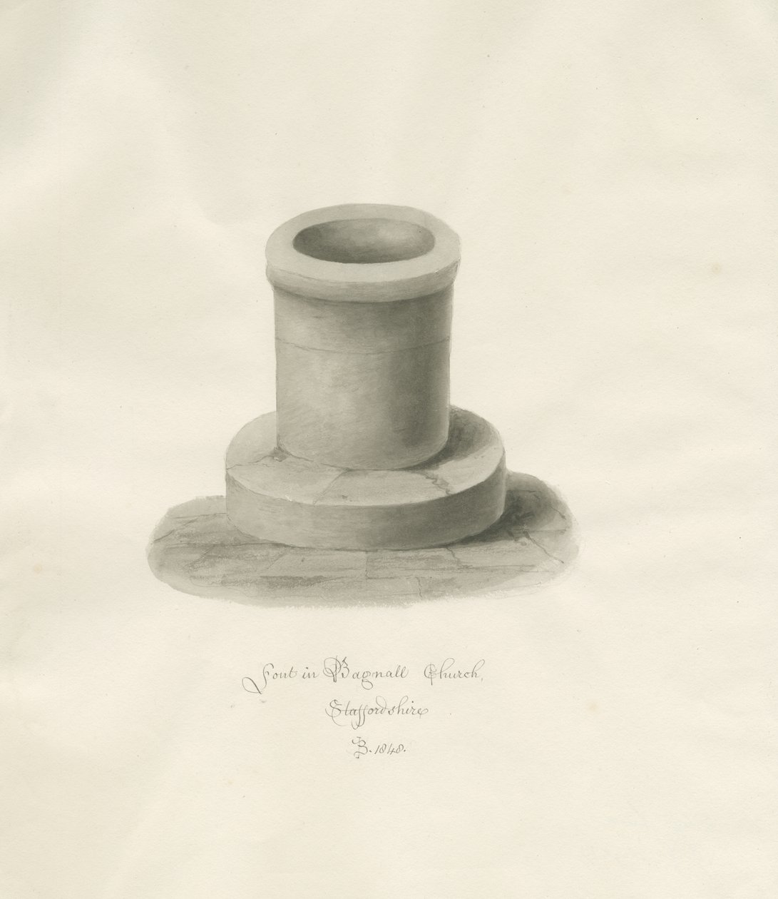 Pila bautismal en la iglesia de Bagnall: dibujo en sepia de John Buckler