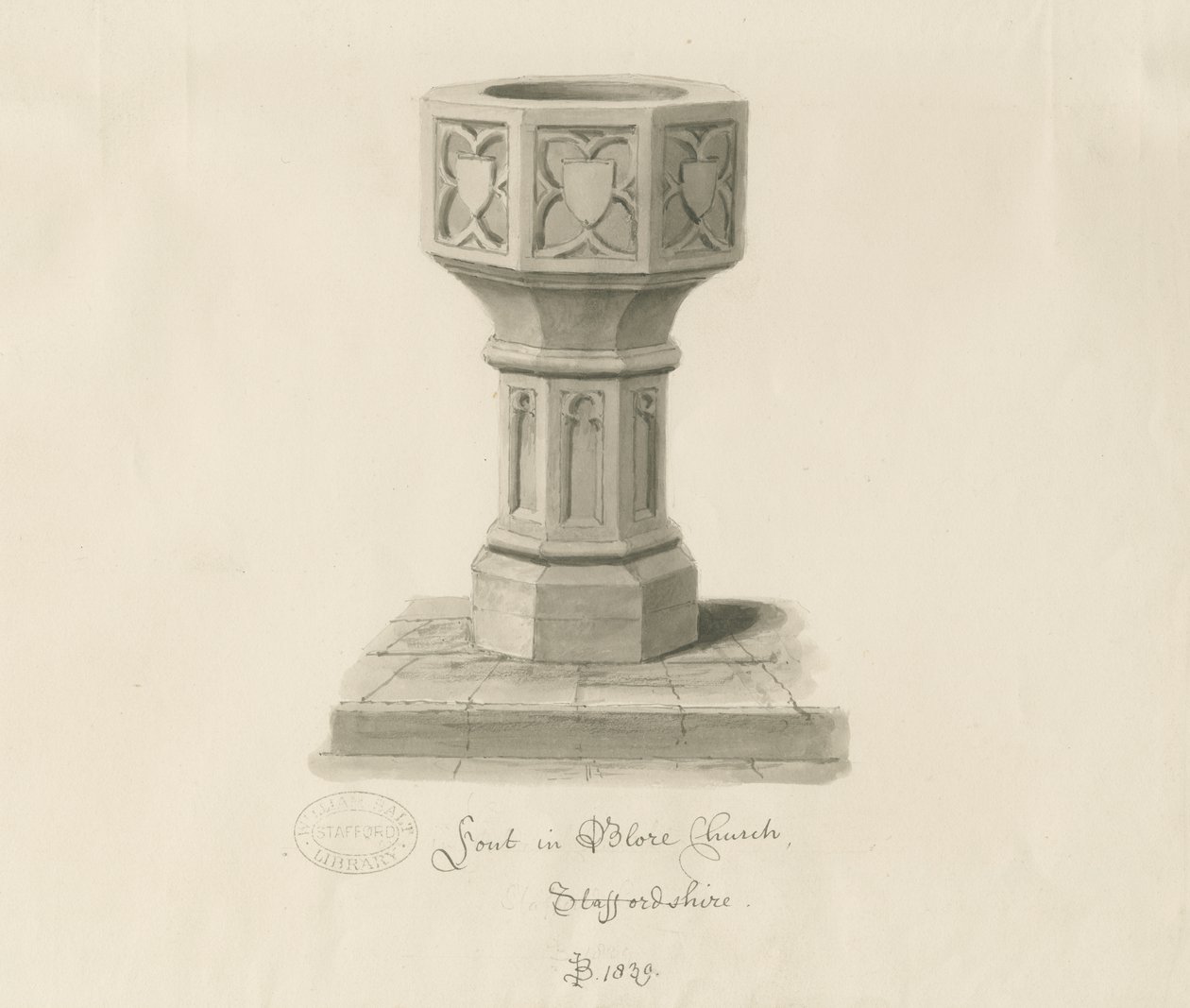 Pila bautismal en la Iglesia de Blore de John Buckler
