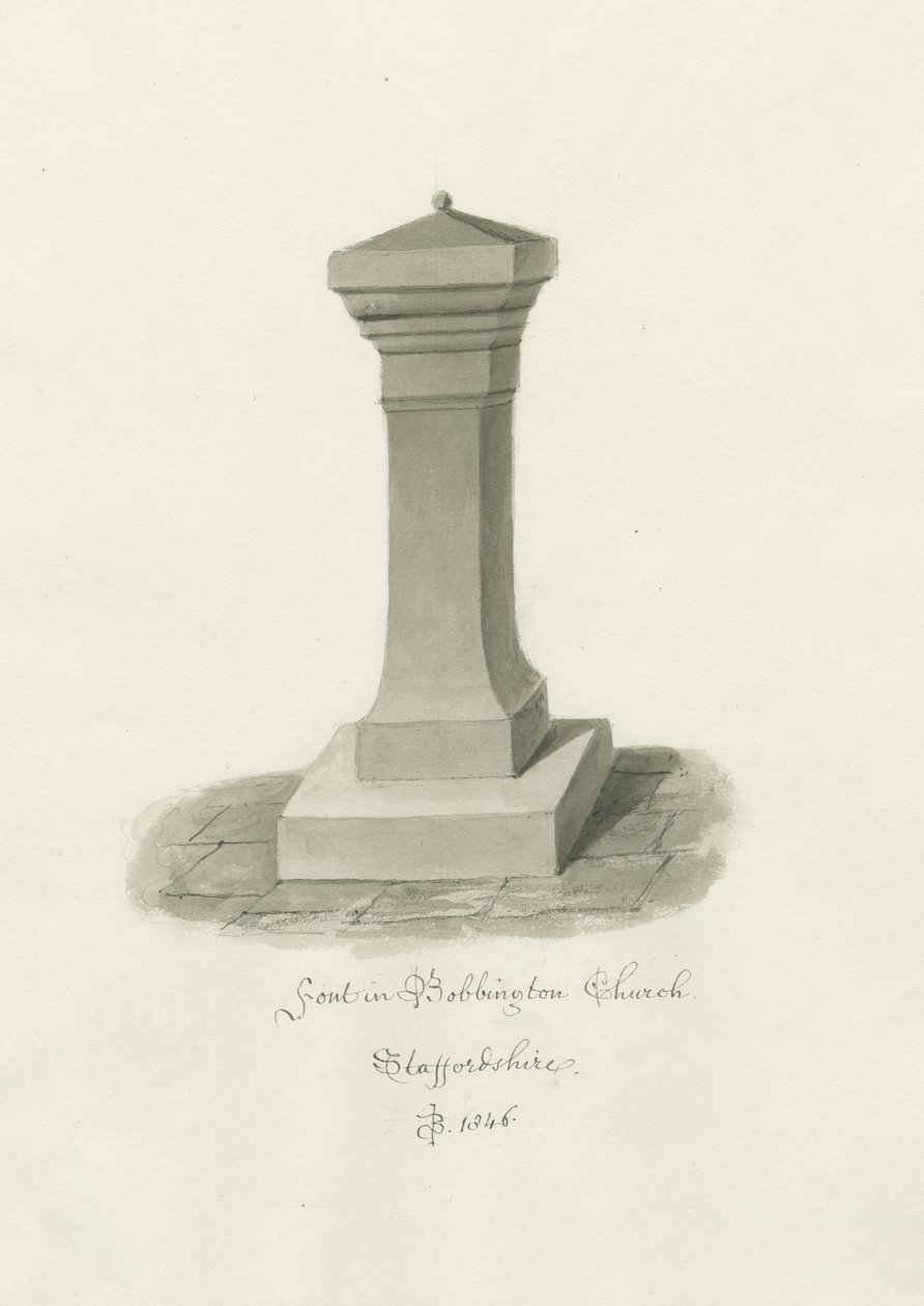 Pila bautismal en la Iglesia de Bobbington: dibujo en sepia de John Buckler