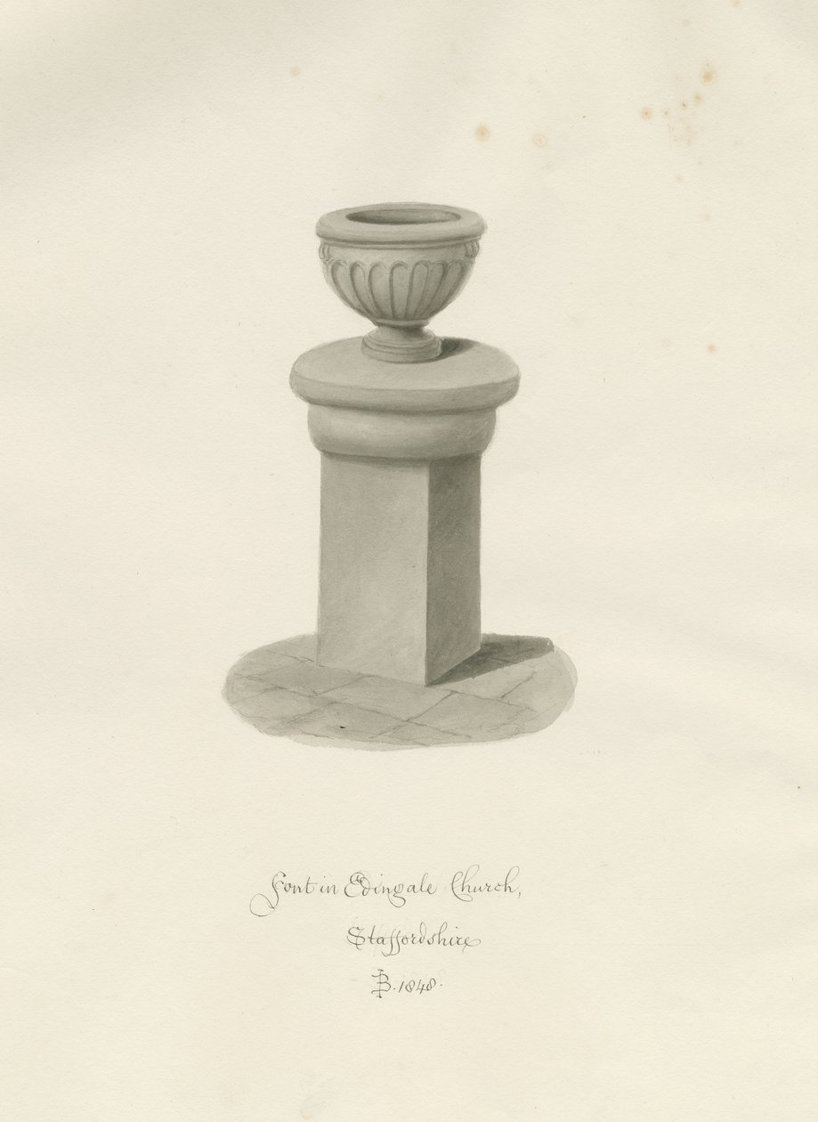 Pila bautismal en la iglesia de Edingale: dibujo en sepia de John Buckler
