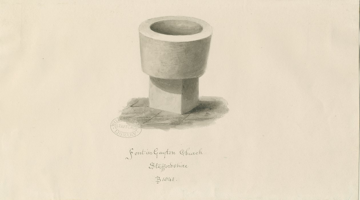 Pila bautismal en la Iglesia de Gayton: dibujo en sepia de John Buckler