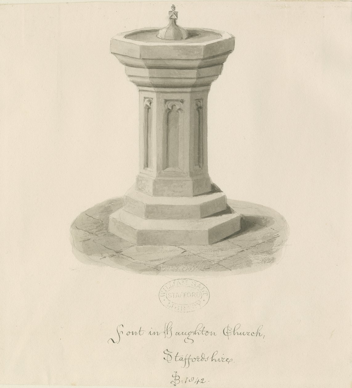 Fuente en la Iglesia de Haughton: dibujo en sepia de John Buckler