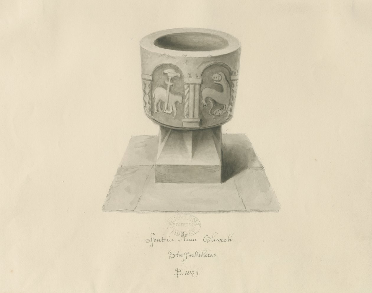 Pila bautismal en la Iglesia de Ilam de John Buckler