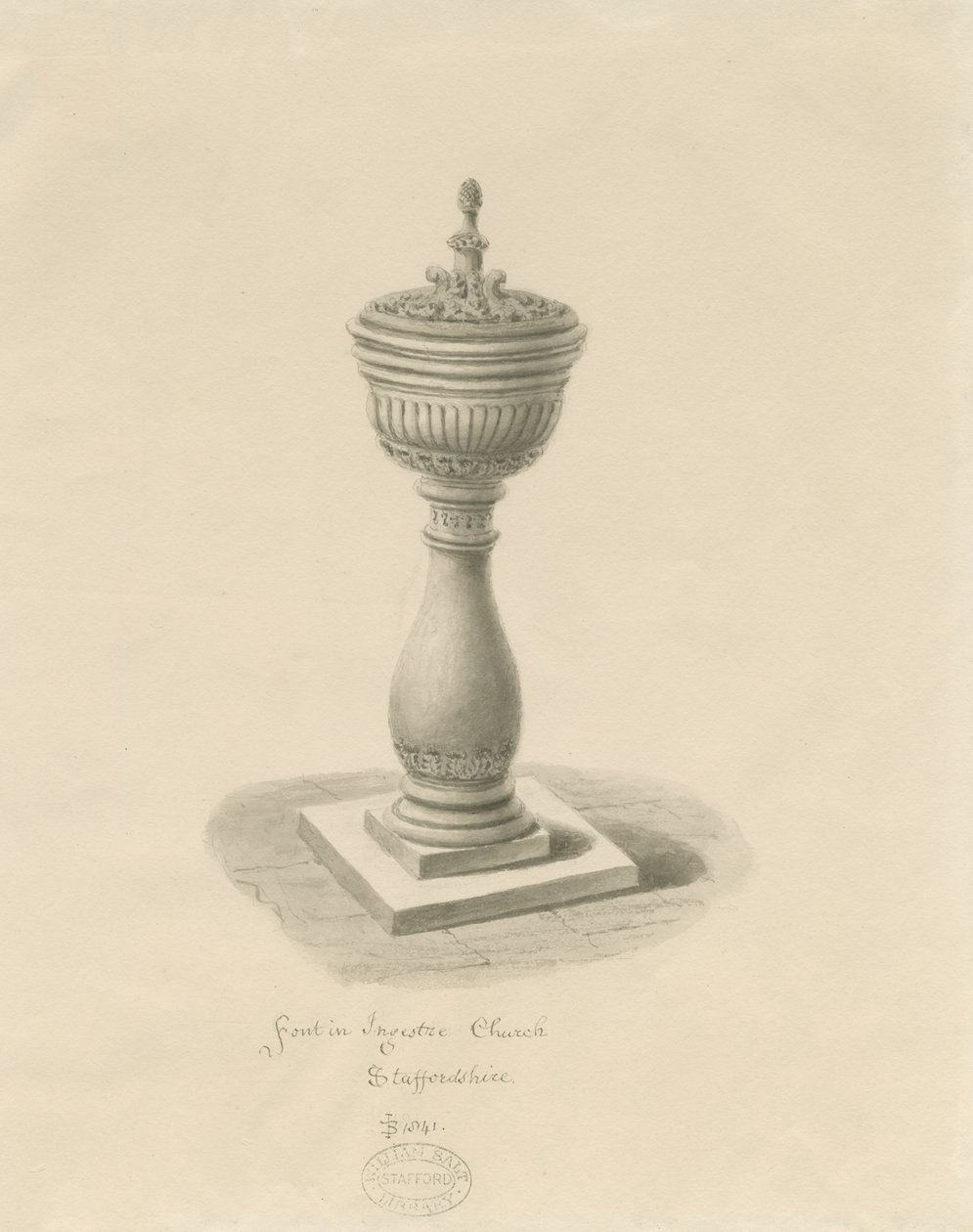 Pila bautismal en la iglesia de Ingestre: dibujo en sepia de John Buckler