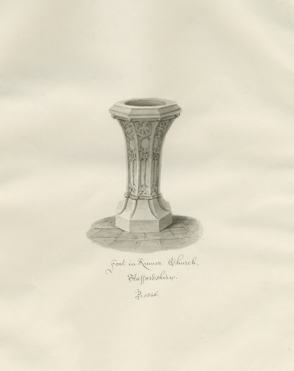 Pila Bautismal en la Iglesia de Kinver: dibujo en sepia de John Buckler
