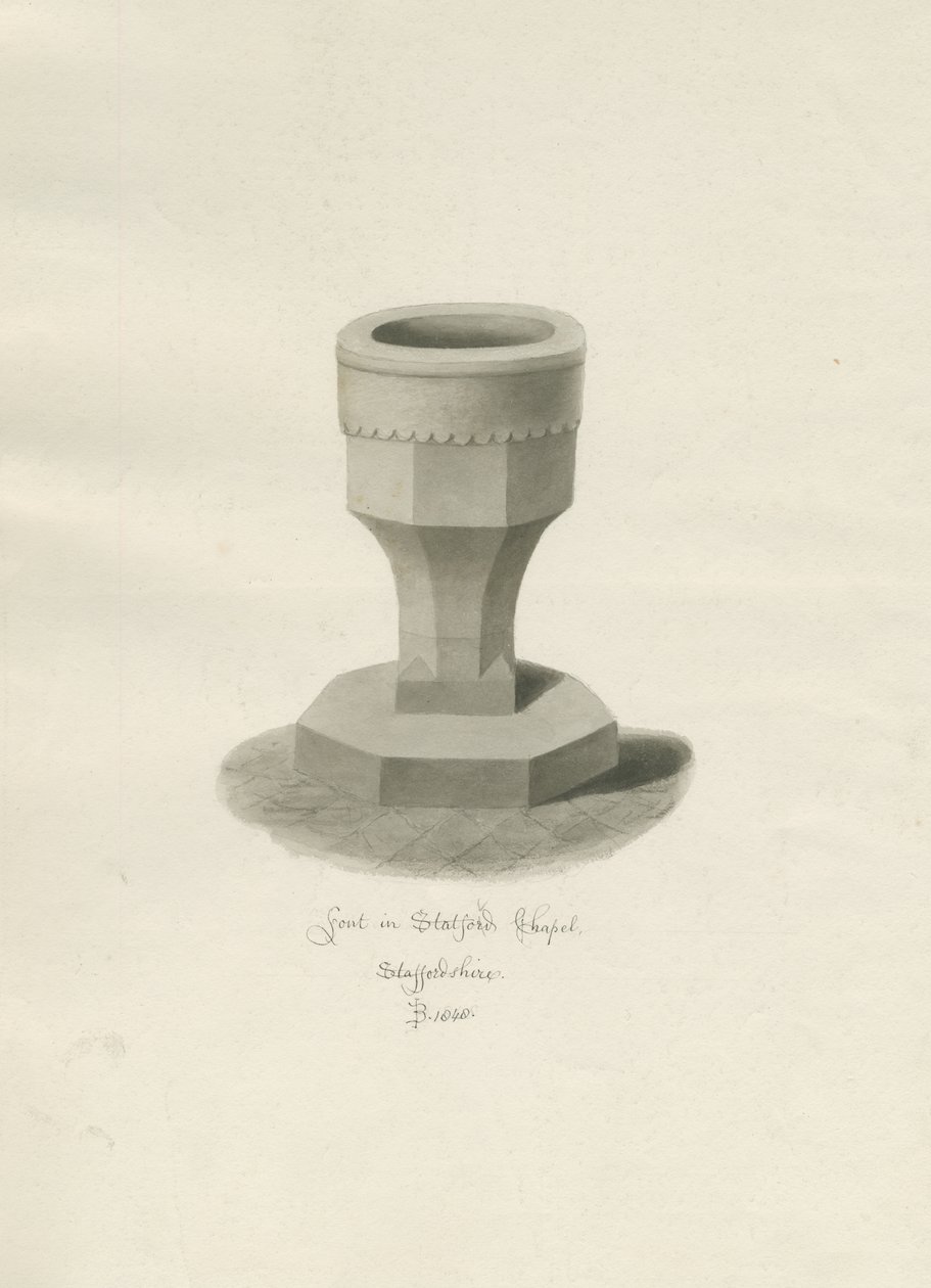 Pila bautismal en la Capilla de Statfold: dibujo en sepia, 1848 de John Buckler