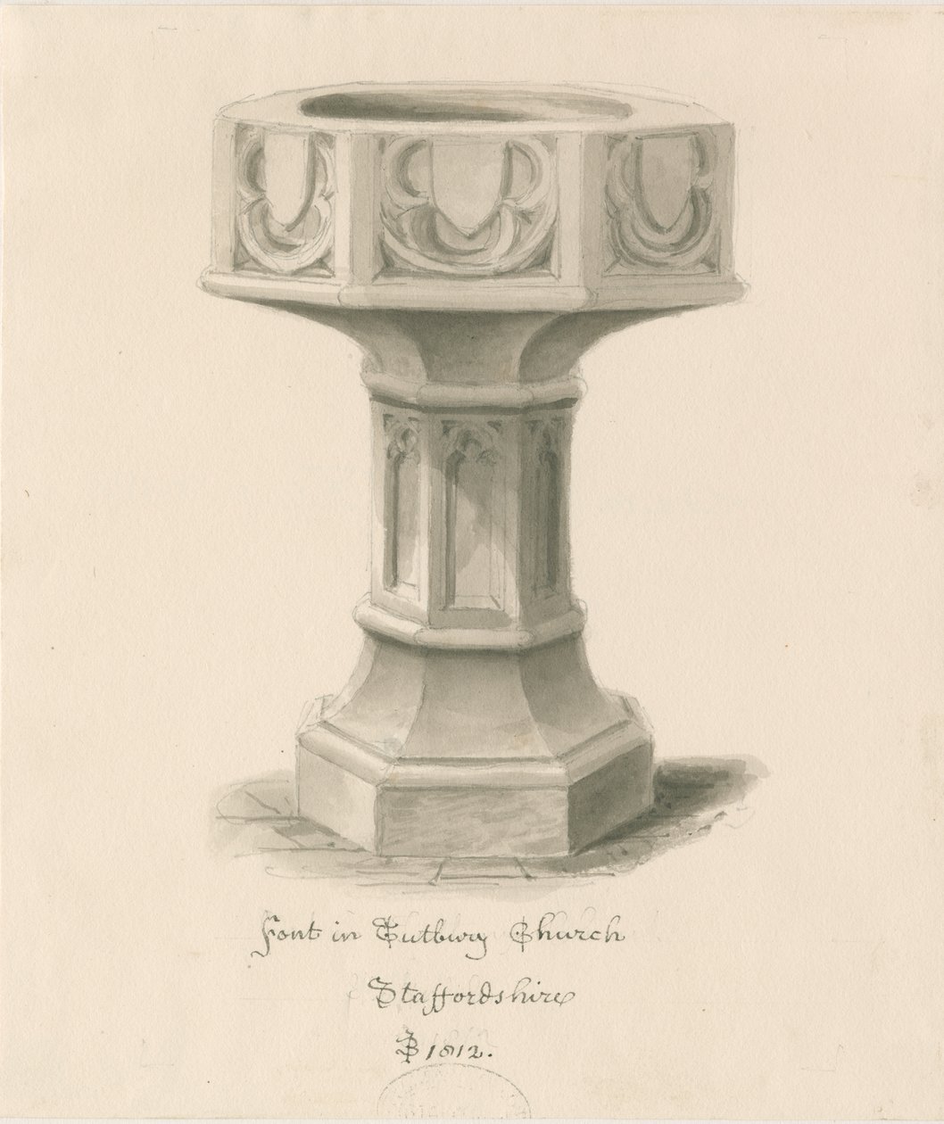 Pila bautismal en la Iglesia de la Abadía de Tutbury: dibujo en sepia de John Buckler