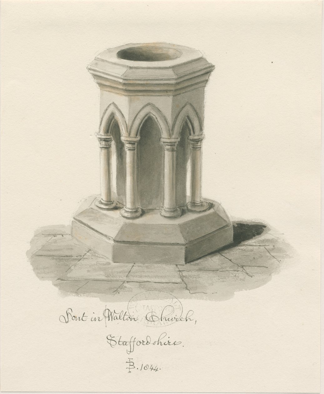 Pila bautismal en la Iglesia de Walton-on-the-Hill: dibujo en sepia de John Buckler