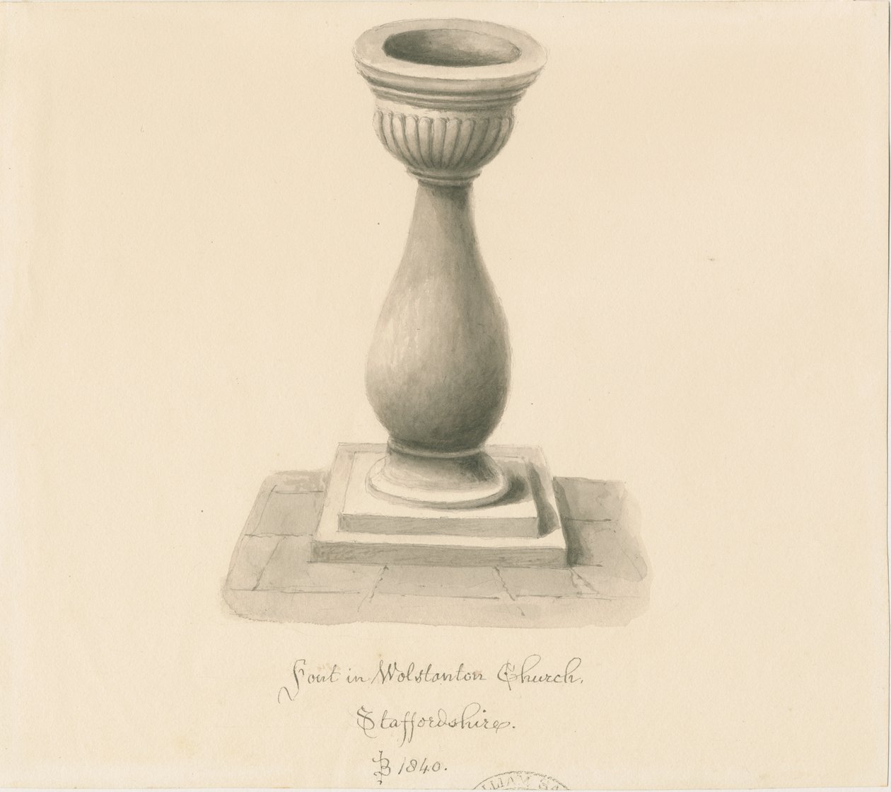 Pila bautismal en la Iglesia de Wolstanton: dibujo en sepia de John Buckler