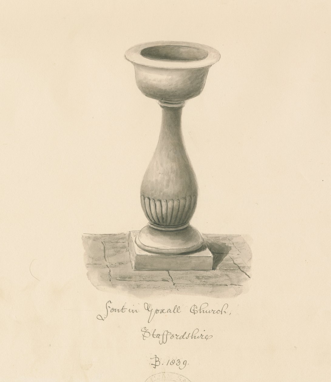 Pila bautismal en la Iglesia de Yoxall: dibujo en sepia, 1839 de John Buckler