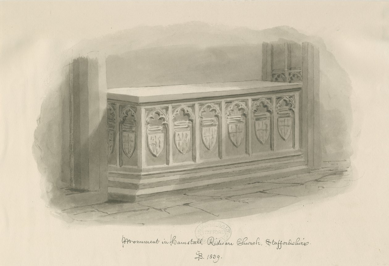 Iglesia de Hamstall Ridware - Monumento: dibujo en sepia, 1839 de John Buckler