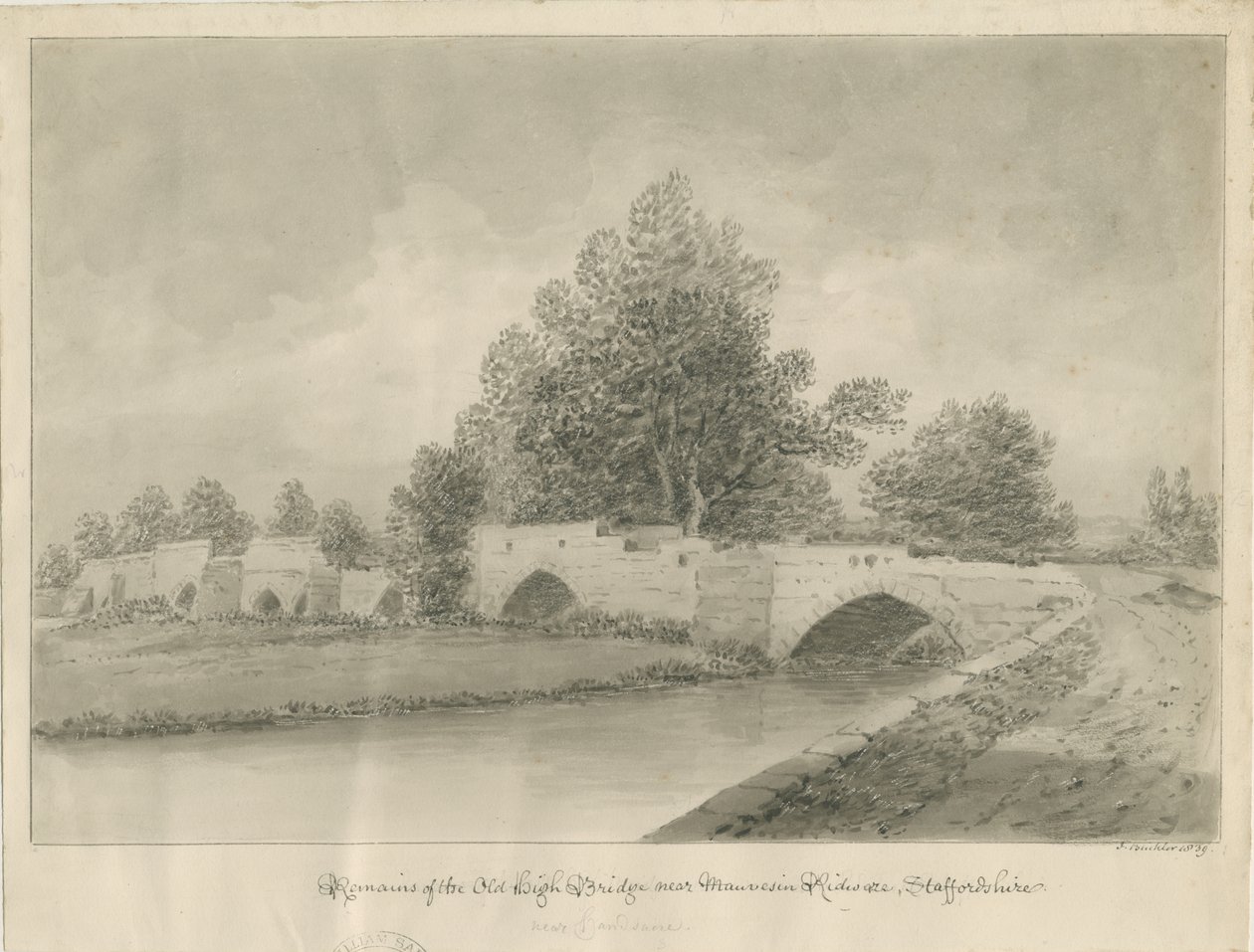 Handsacre - Viejo Puente Alto: dibujo en sepia, 1839 de John Buckler