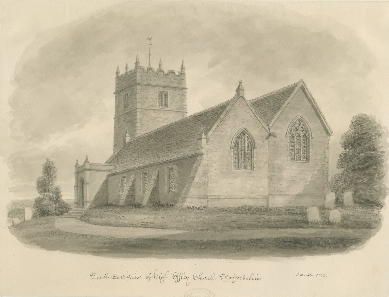 Iglesia de High Offley: dibujo en sepia de John Buckler