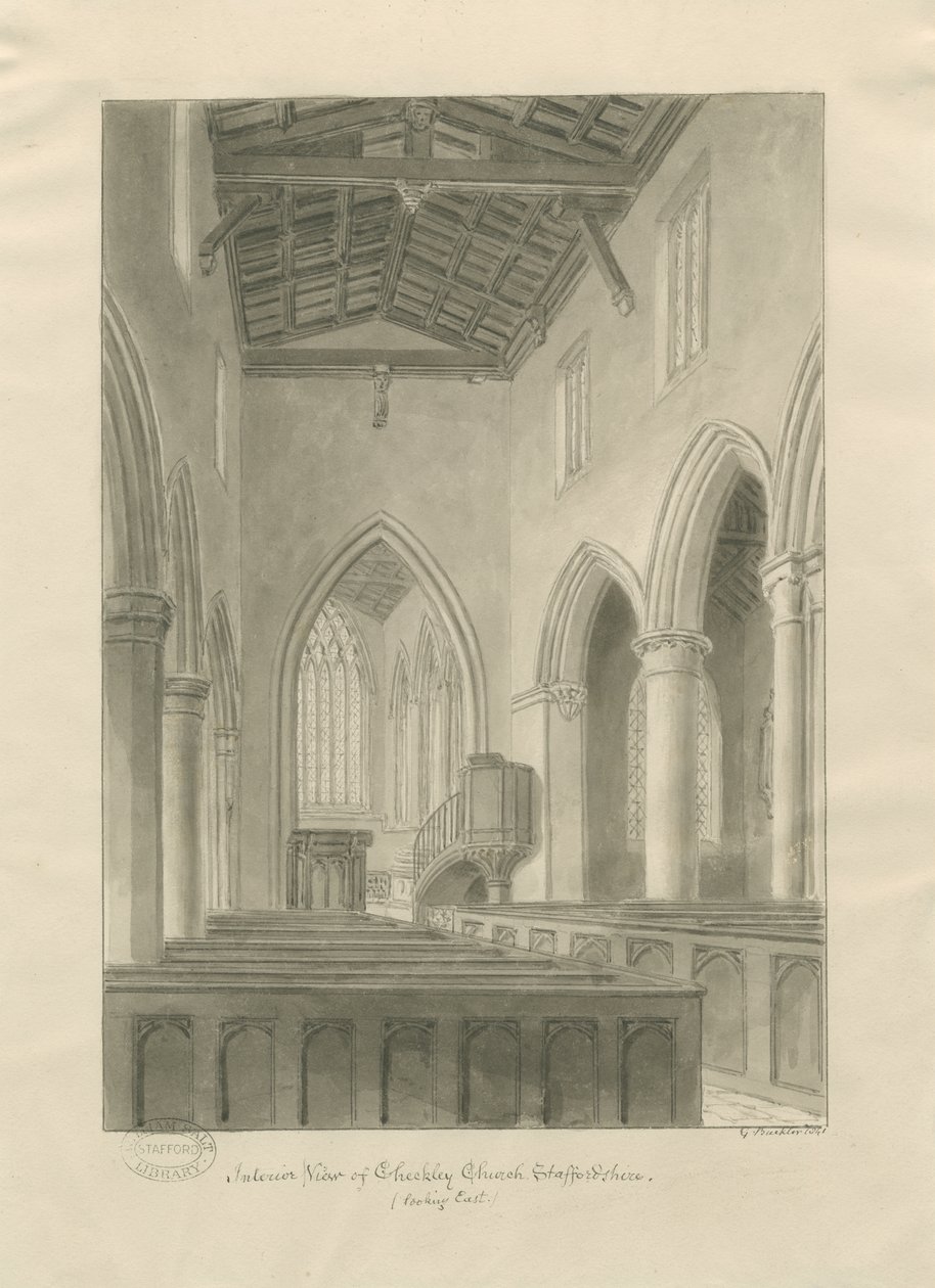 Interior de la iglesia de Checkley: dibujo en sepia de John Buckler