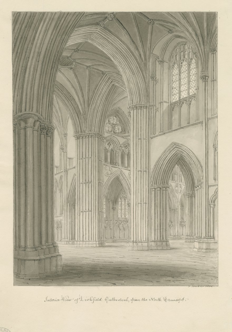 Interior de la Catedral de Lichfield - Cruce desde el Transepto Norte de John Buckler