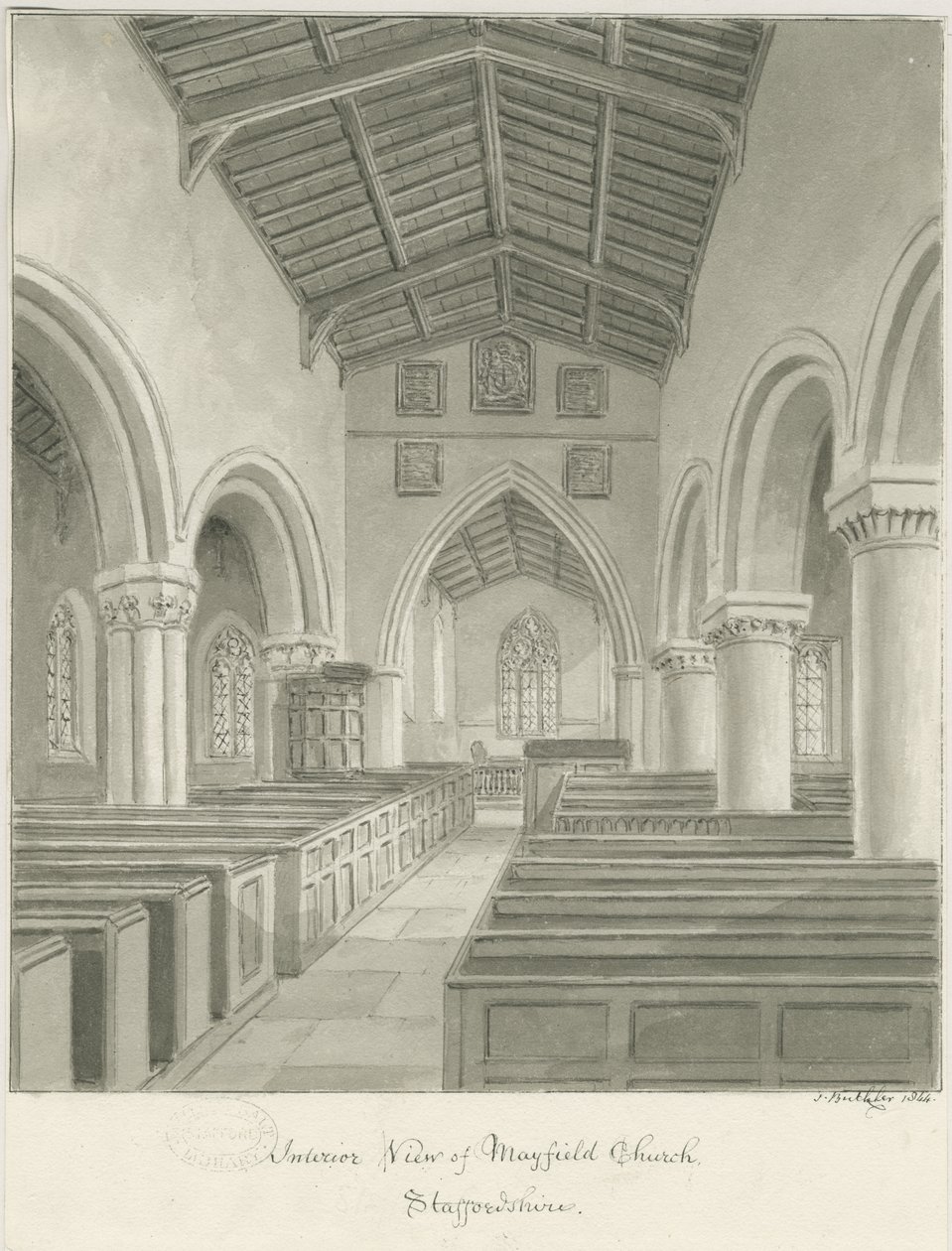 Interior de la Iglesia de Mayfield: dibujo en sepia, 1844 de John Buckler