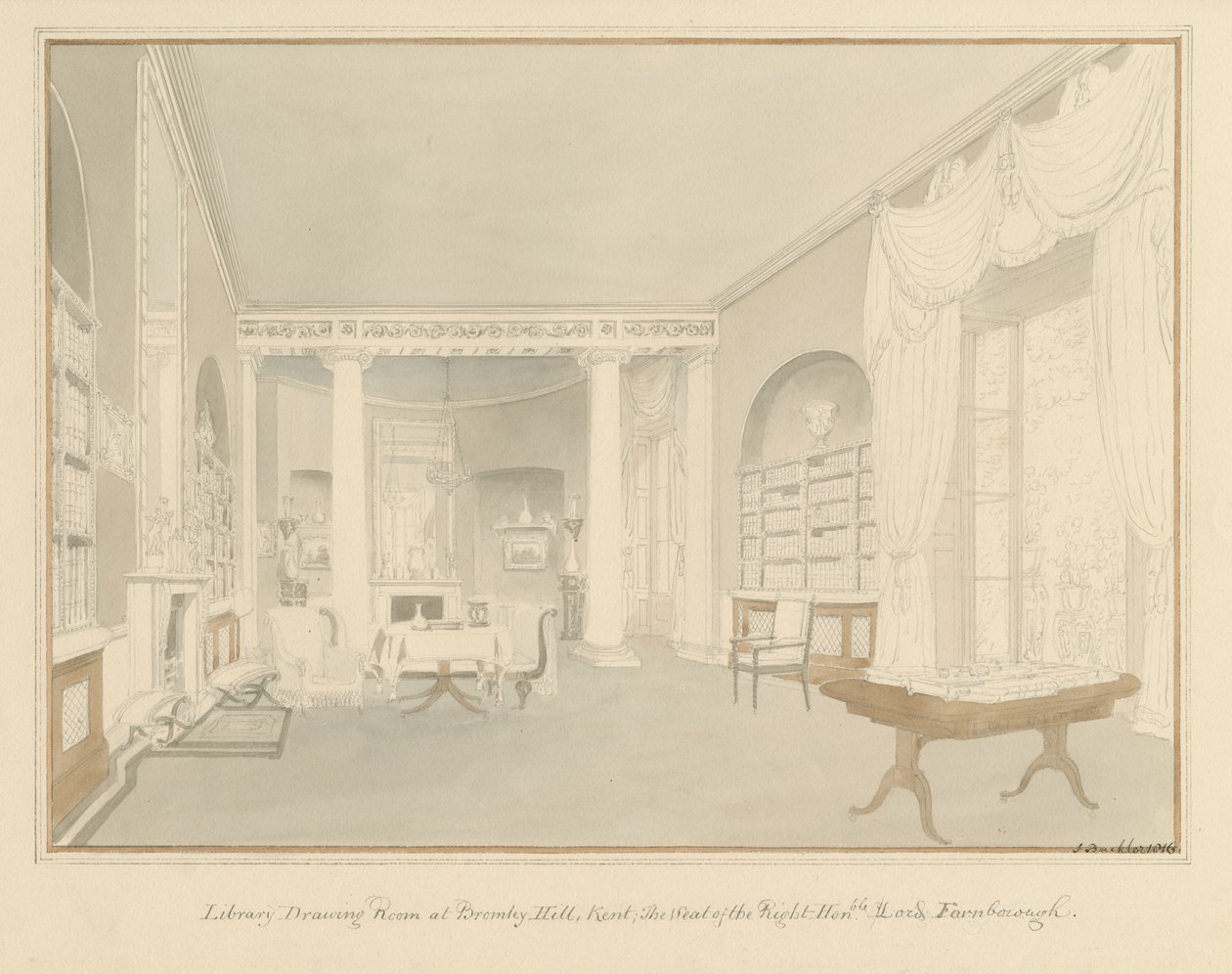 Kent - Bromley Hill - Interior de la Sala de la Biblioteca de John Buckler