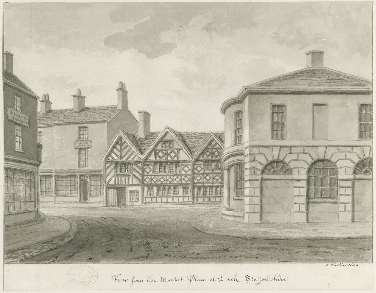 Leek Town - Plaza del Mercado: dibujo en sepia de John Buckler