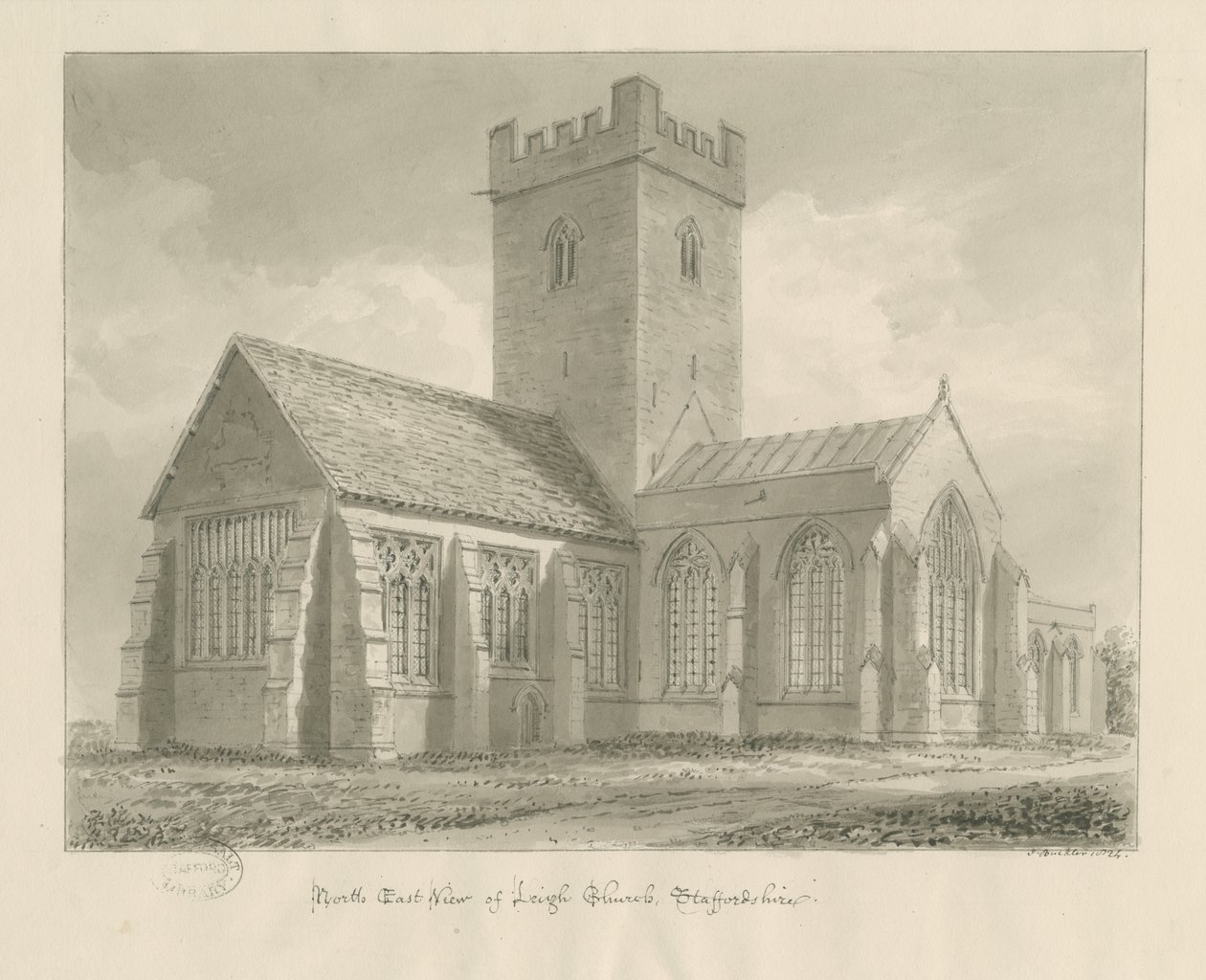 Iglesia de Leigh: dibujo en sepia de John Buckler