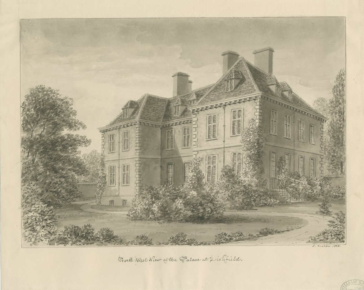 Lichfield - Palacio del Obispo en The Close: dibujo en sepia de John Buckler