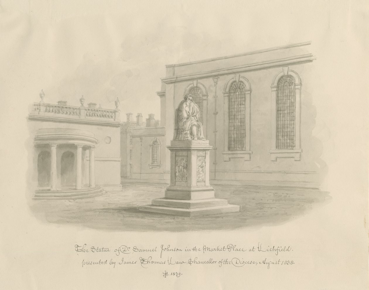 Lichfield - Plaza del Mercado: dibujo en sepia (viñeta) de John Buckler