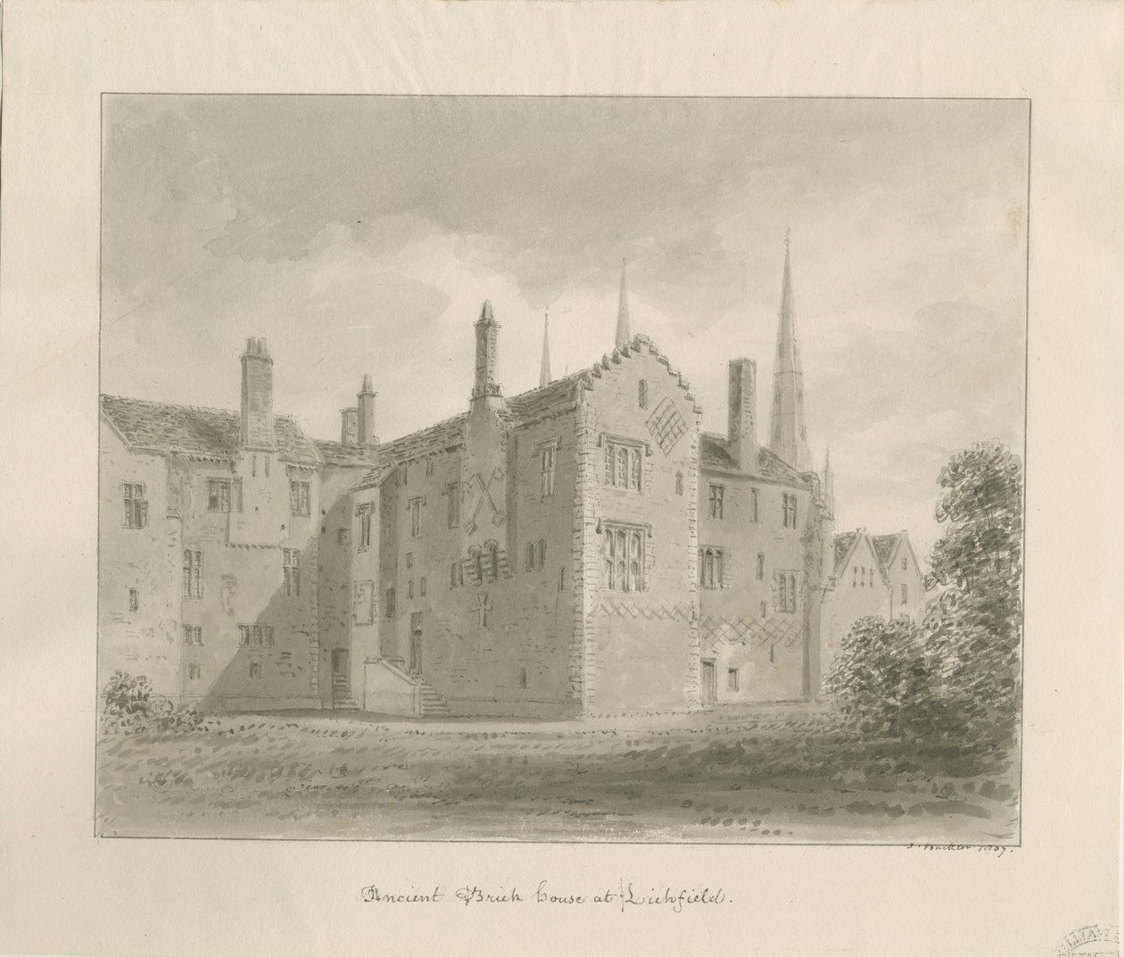 Lichfield - Casa Antigua en The Close: dibujo en sepia de John Buckler