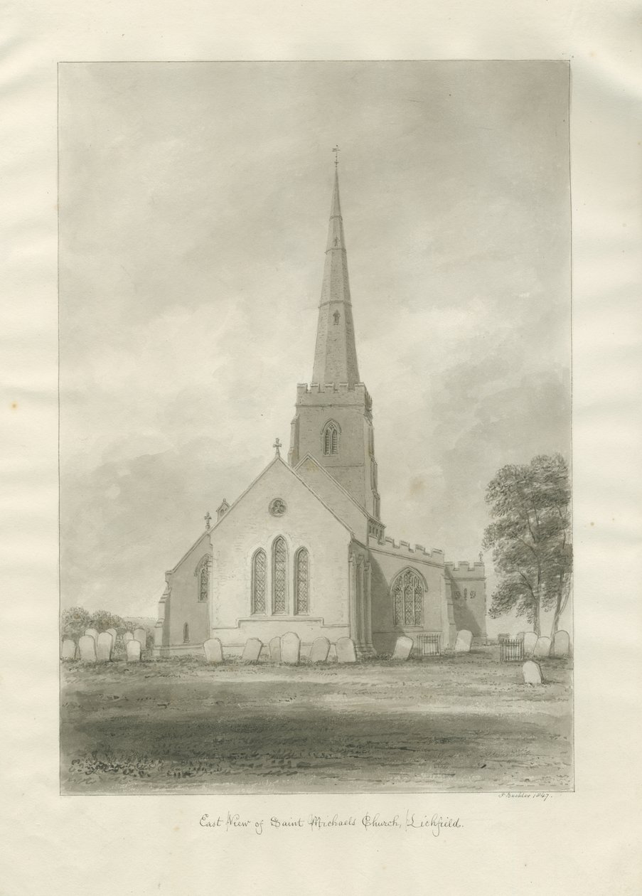 Lichfield - Iglesia de San Miguel: dibujo en sepia de John Buckler