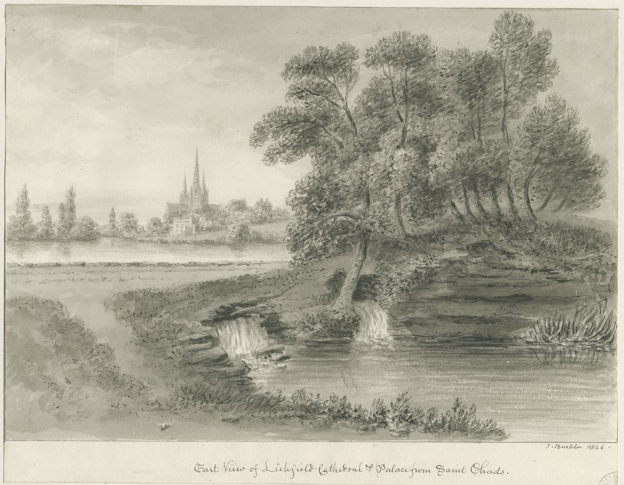 Catedral de Lichfield - Vista Este: dibujo en sepia, 1844 de John Buckler