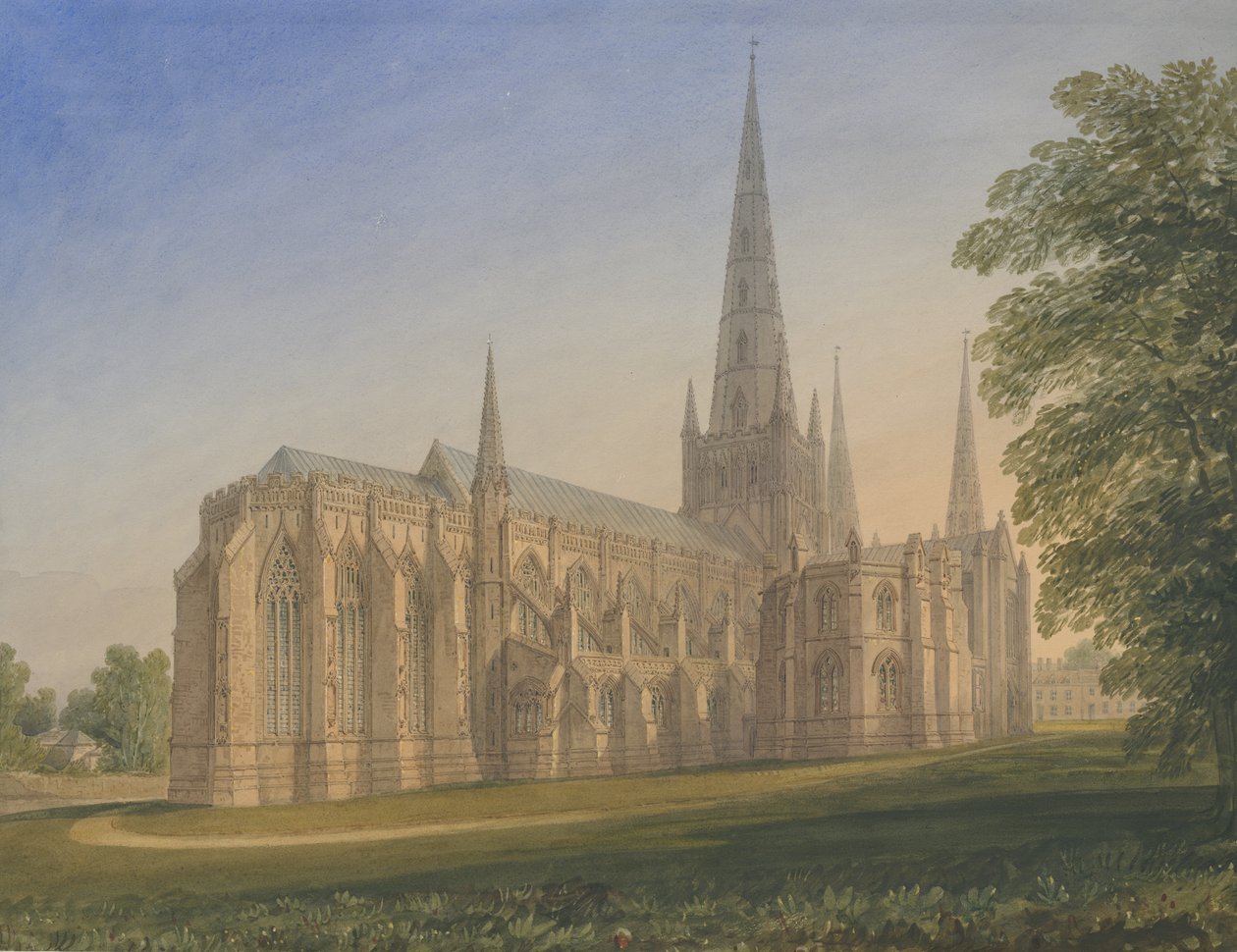 Catedral de Lichfield - Vista noreste: pintura en acuarela, nd [1770-1851] de John Buckler