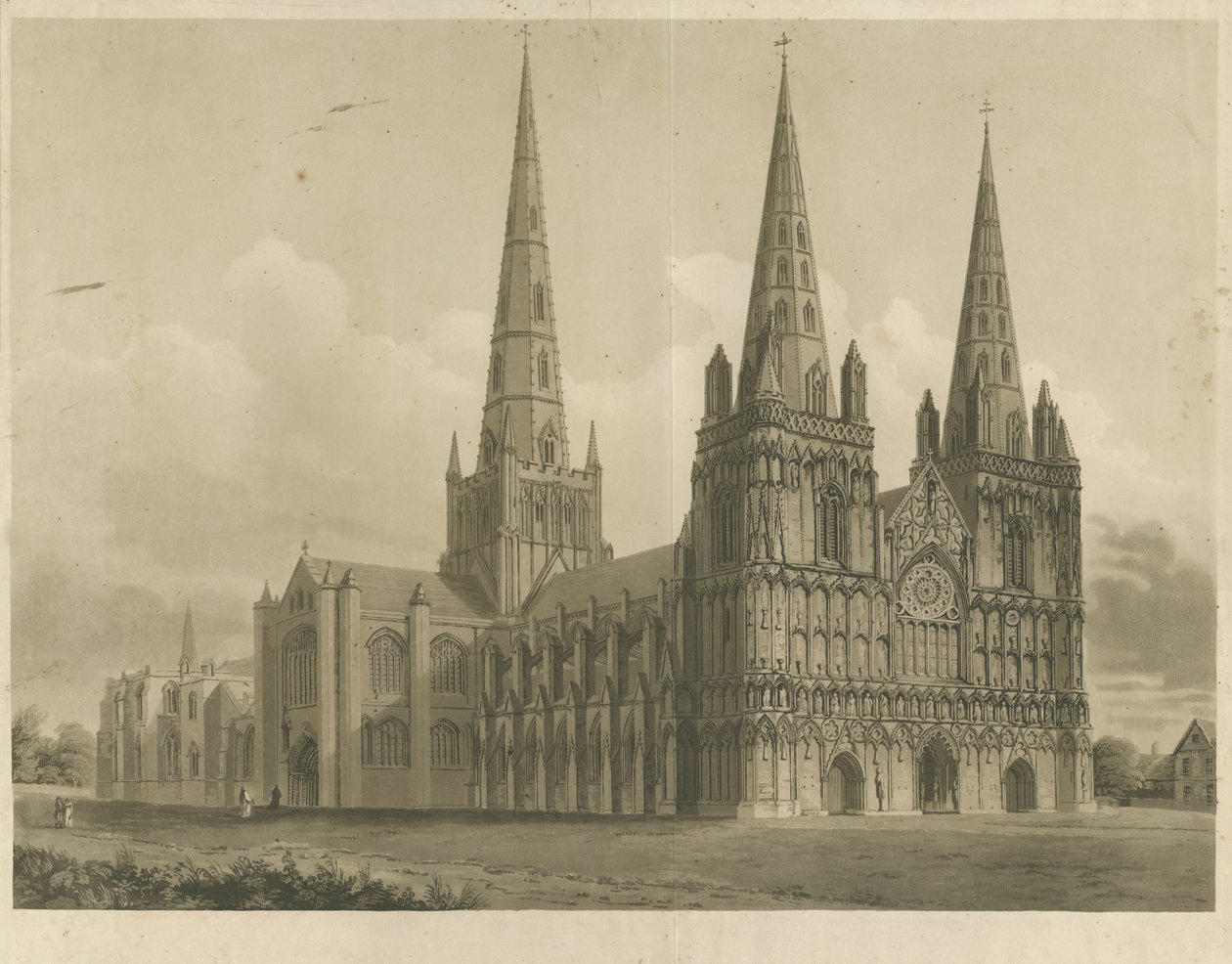 Catedral de Lichfield - Vista Noroeste: grabado en aguatinta, s.f. [1807] de John Buckler
