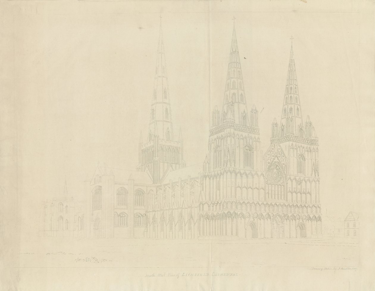 Catedral de Lichfield - Vista Noroeste: grabado, 1807 de John Buckler