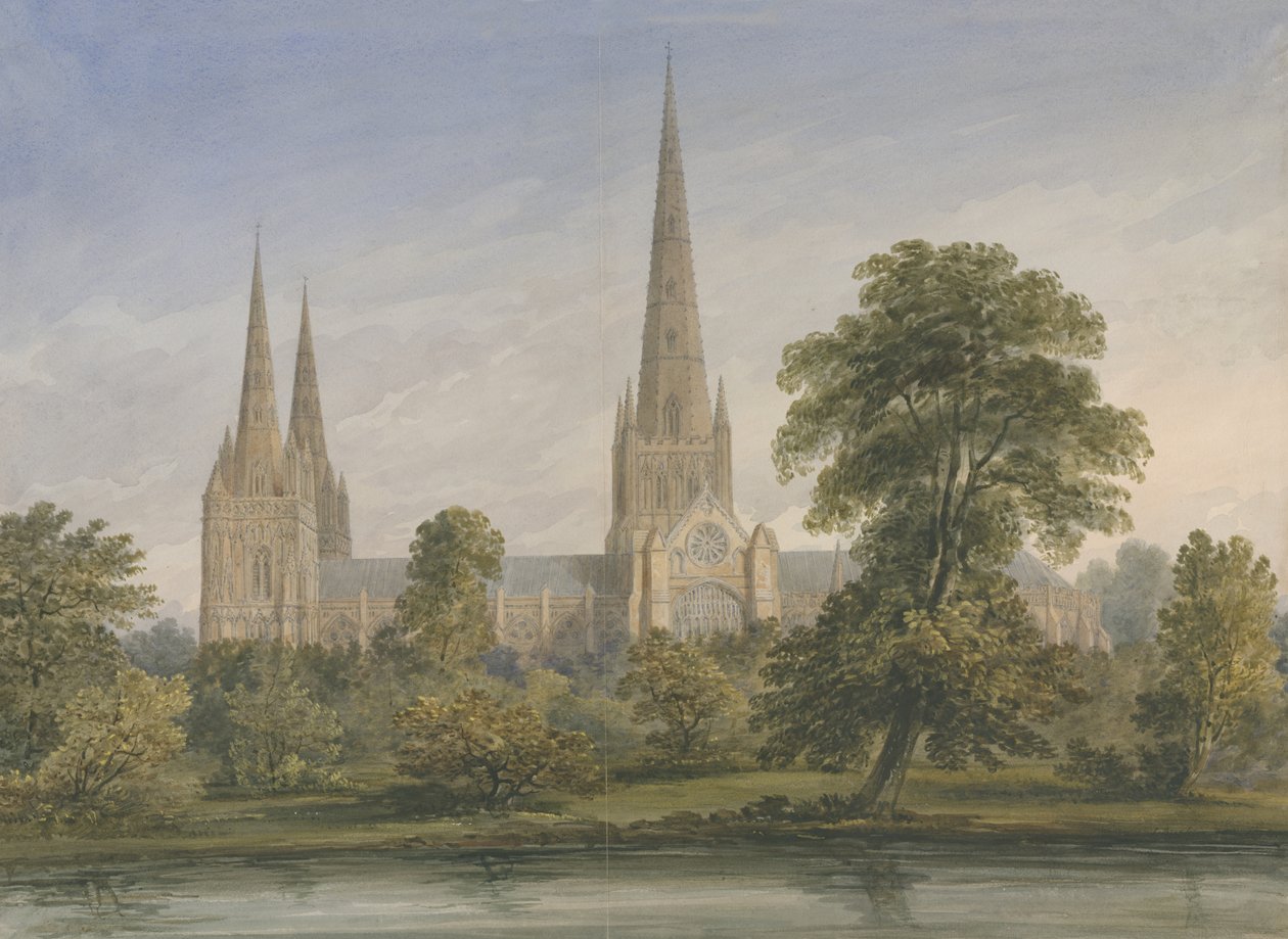 Catedral de Lichfield - Vista Sureste: acuarela, nd [?1842] de John Buckler