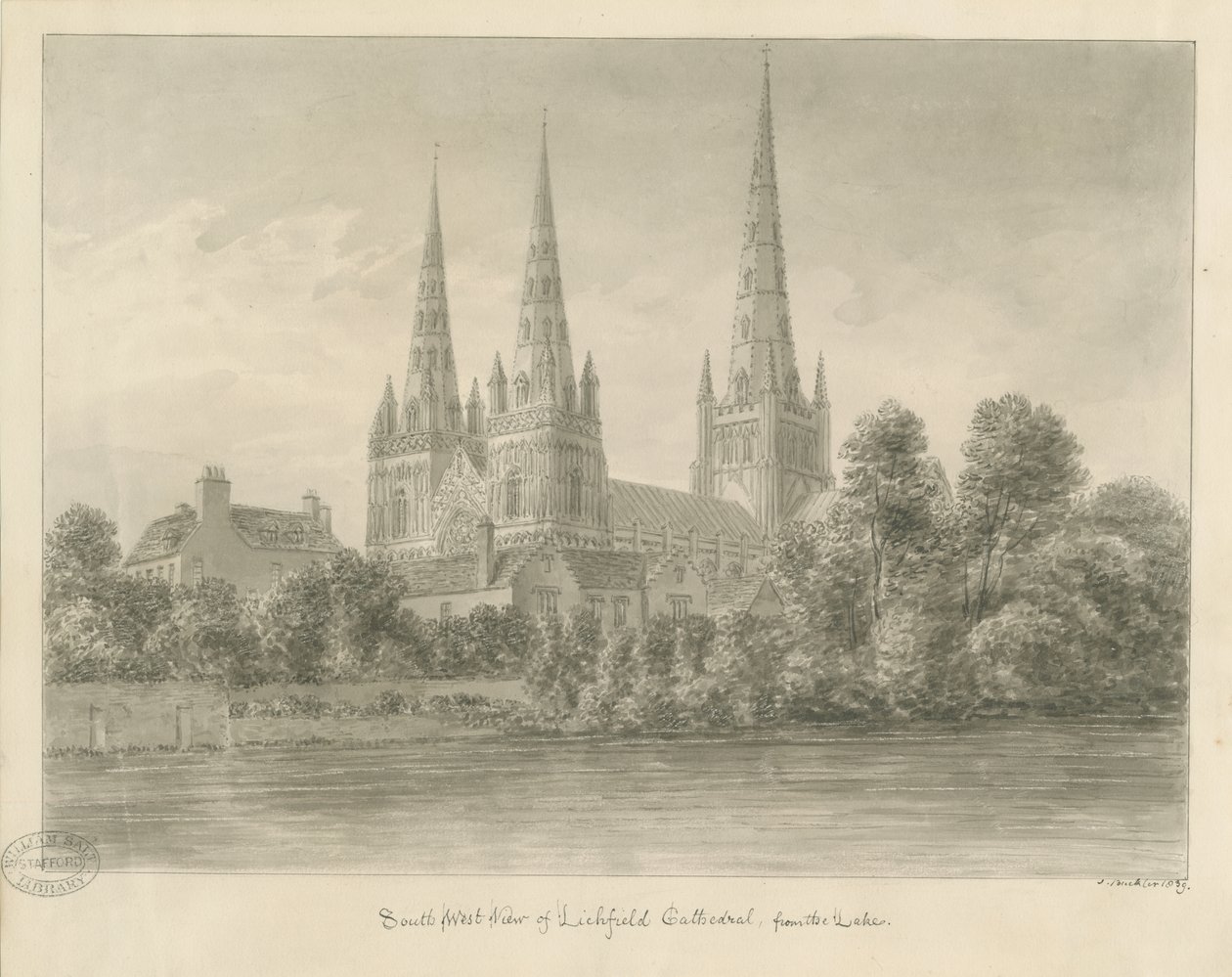 Catedral de Lichfield - Vista Suroeste: dibujo en sepia de John Buckler