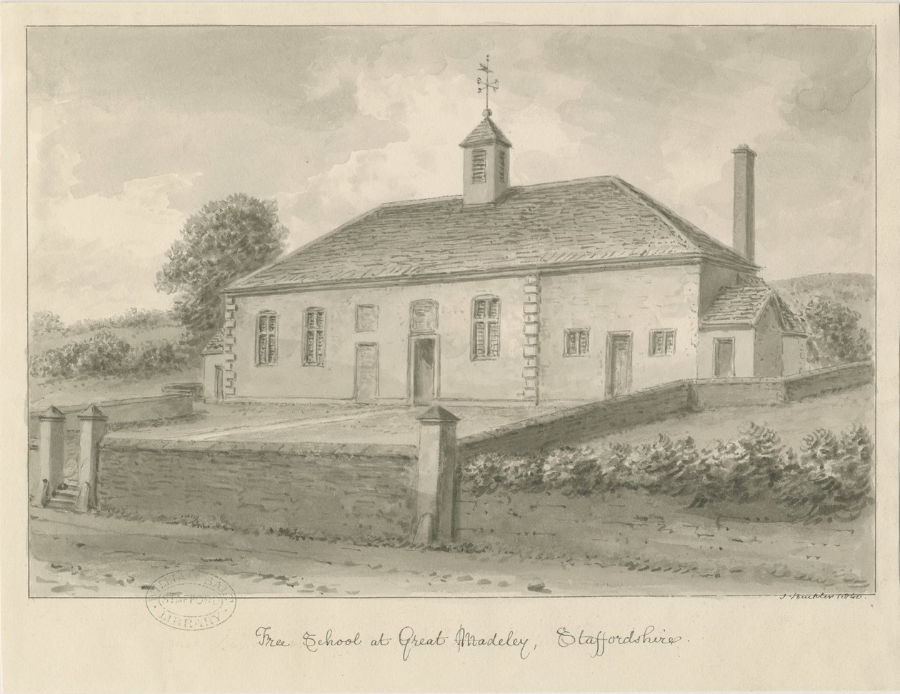 Madeley - Escuela gratuita: dibujo en sepia, 1840 de John Buckler