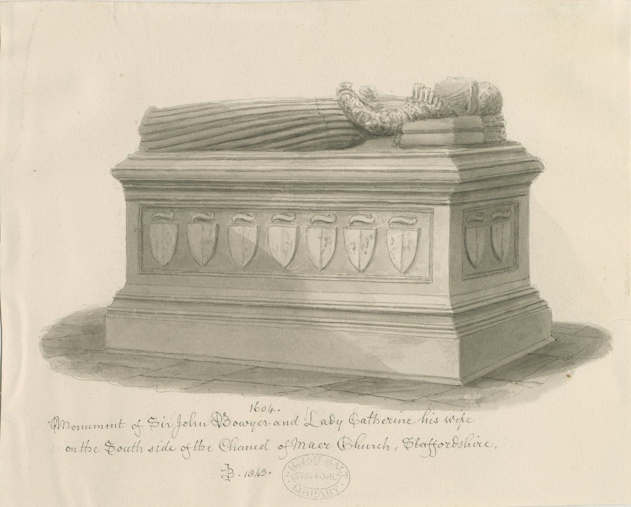 Iglesia de Maer - Monumento a Sir John Bowyer y Lady Catherine: dibujo en sepia, 1843 de John Buckler