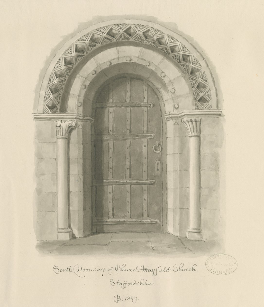 Iglesia de Mayfield - Puerta sur: dibujo en sepia, 1839 de John Buckler