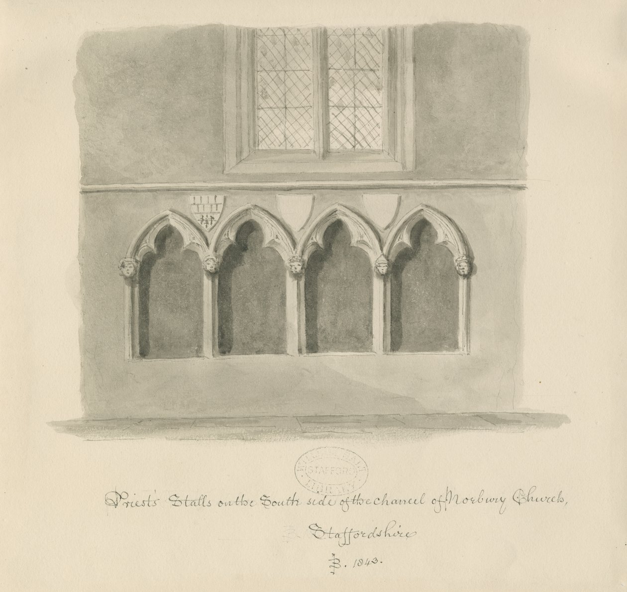 Iglesia de Norbury - Bancos de los sacerdotes: dibujo en sepia, 1843 de John Buckler