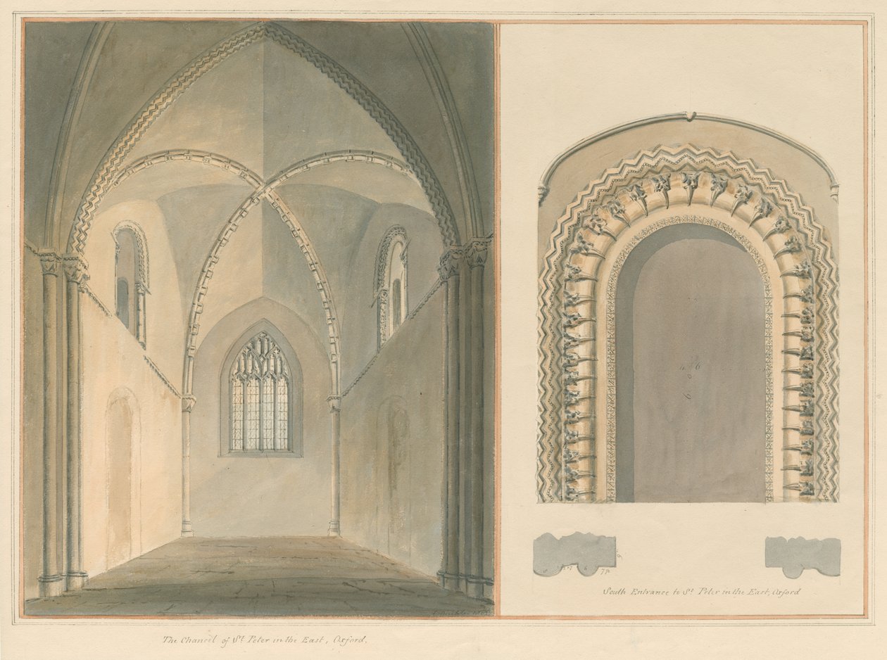 Oxfordshire - Oxford - Presbiterio y Entrada Sur de la Iglesia de San Pedro en el Este de John Buckler