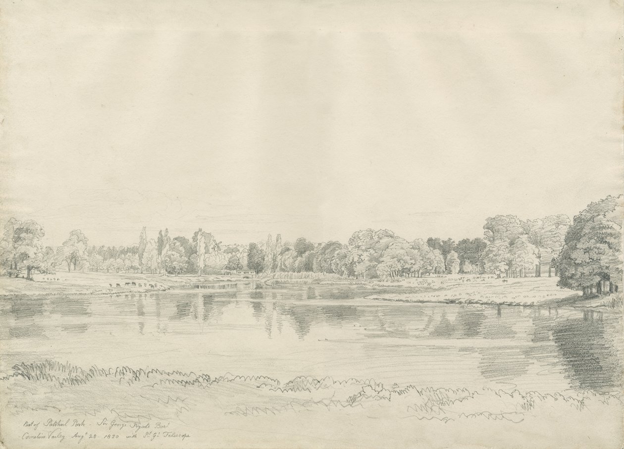 Casa Patshull - Parque y Estanque: dibujo a lápiz, 25 de agosto de 1820 de John Buckler