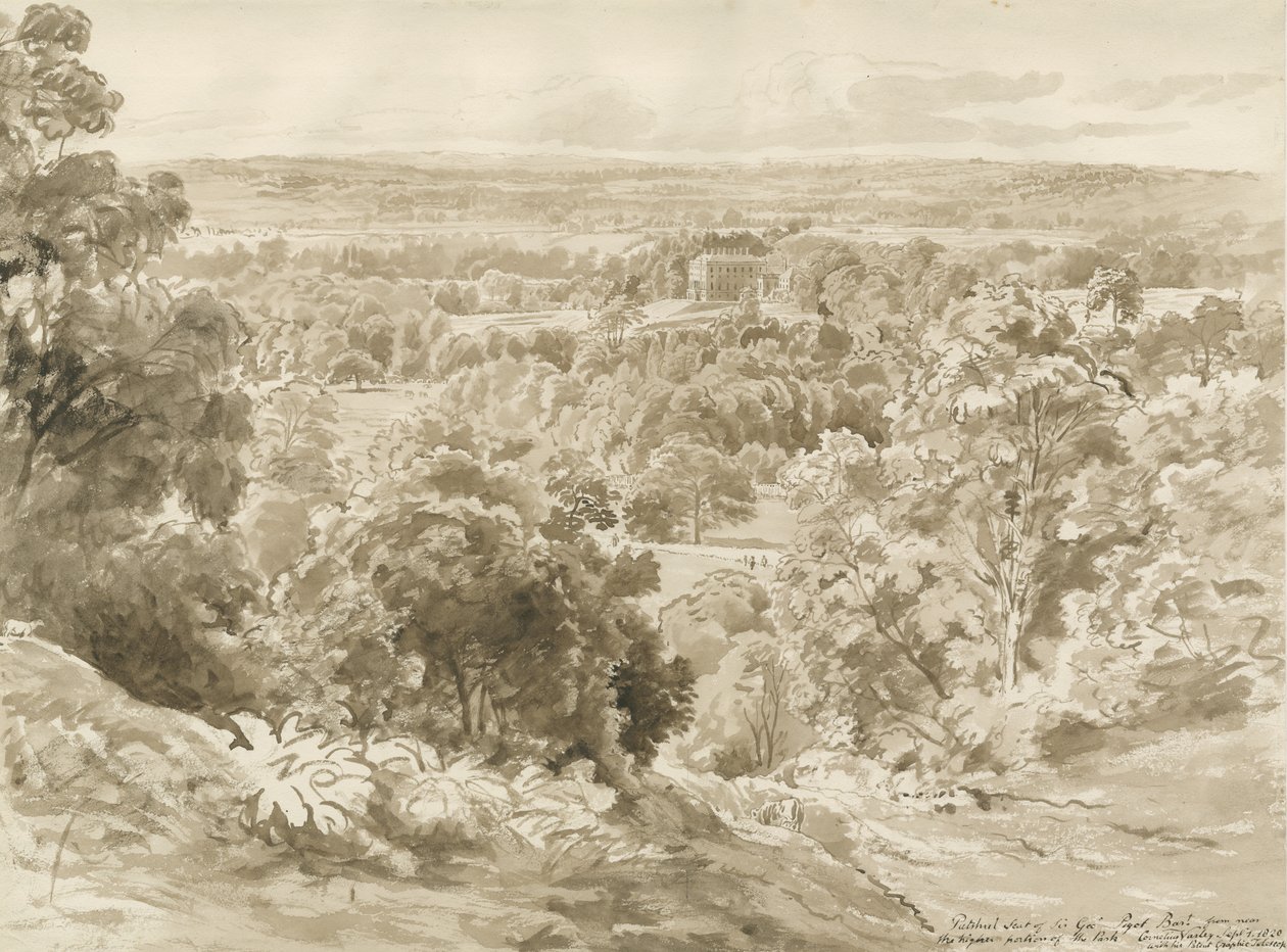 Casa y Parque de Patshull: dibujo en sepia de John Buckler
