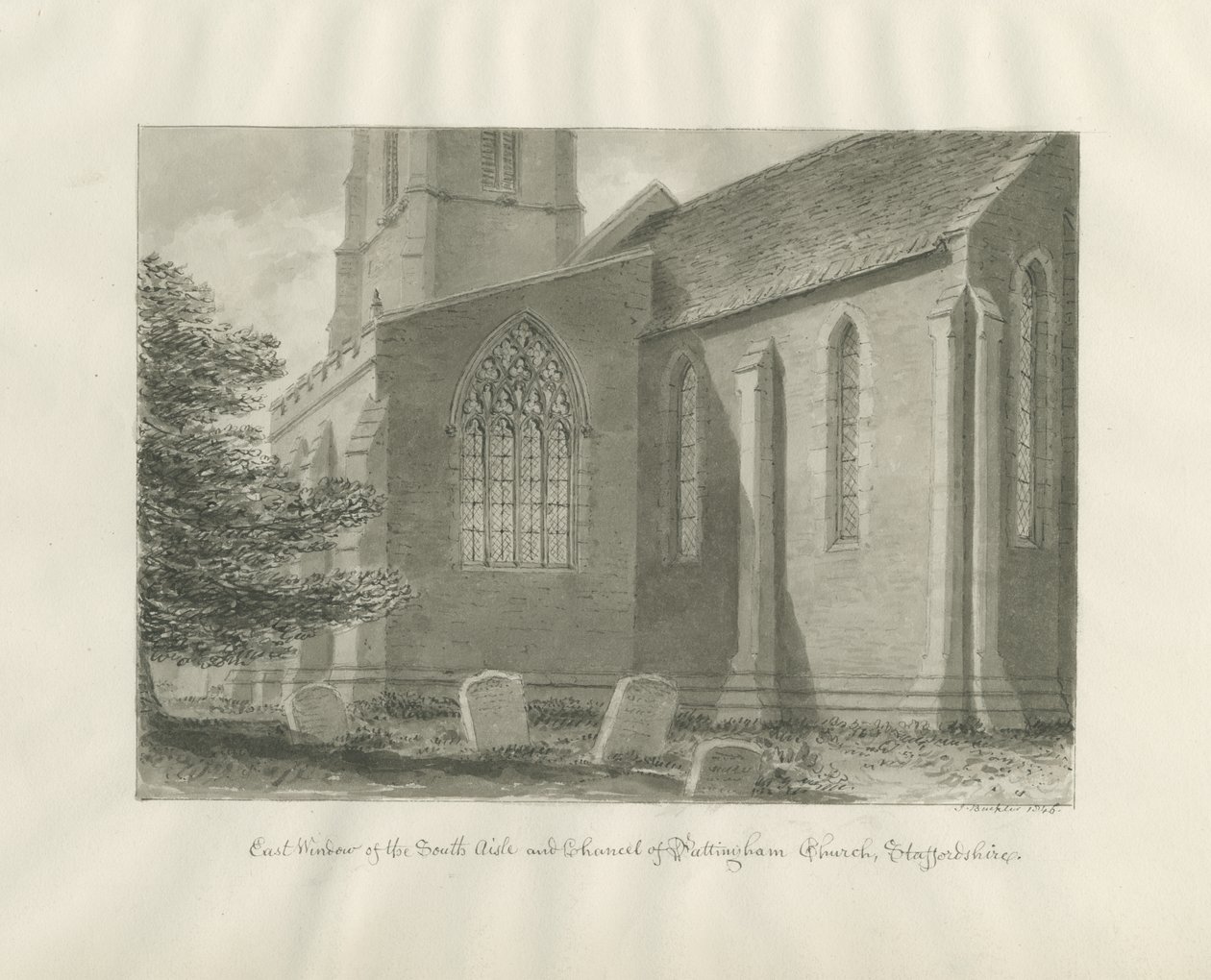 Iglesia de Pattingham - Ventana Este: dibujo en sepia, 1846 de John Buckler