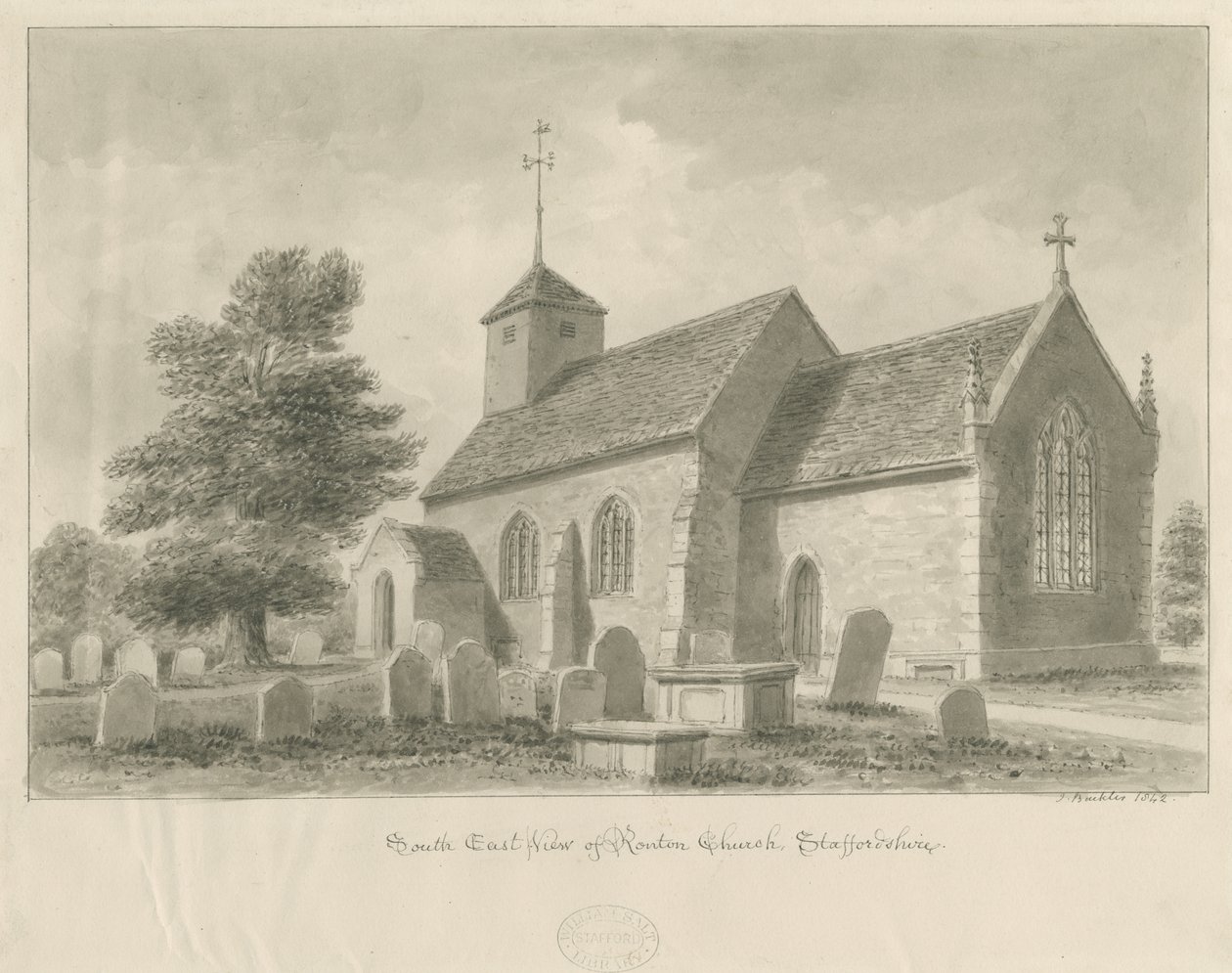 Iglesia de Ranton: dibujo en sepia, 1842 de John Buckler