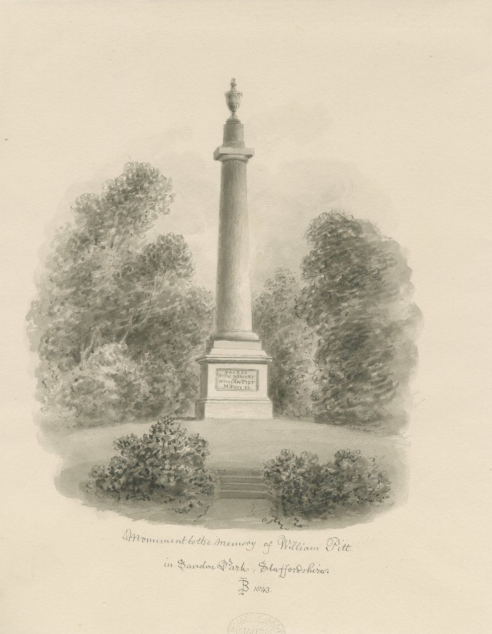 Sandon - Monumento a William Pitt: dibujo a tinta sepia de John Buckler